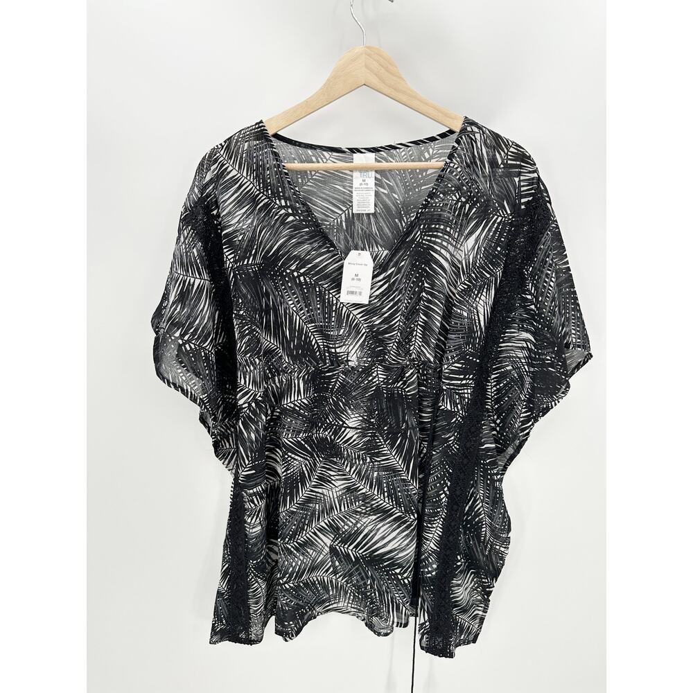 Time & Tru Women Medium‎ Swim Cover-Up Black White Palm Print V-Neck Tunic FD28